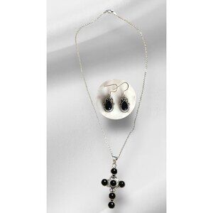NEW Black Onyx Sterling Silver Cross with Chain and Dangle Earrings Set